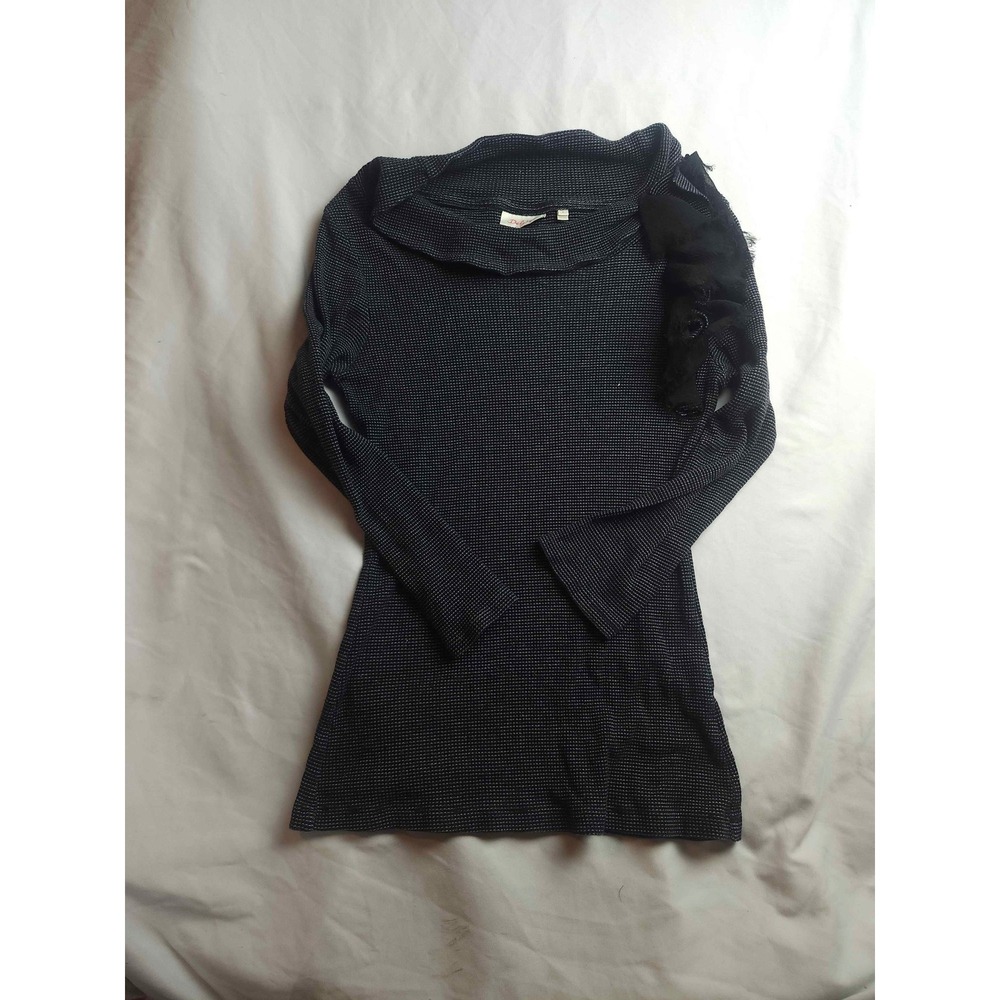 Deletta Anthropologie Navy Micro Knit Cowl Neck Floral Ruffle Shoulder Top Small
